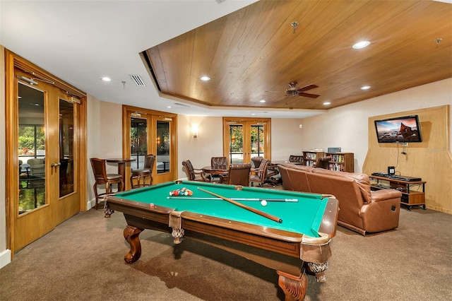 recreation room with carpet, billiards, wood ceiling, and french doors