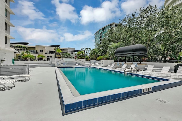 view of swimming pool with a patio area