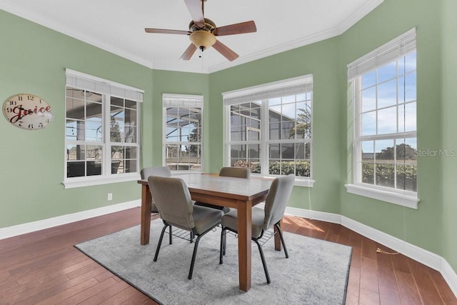 dining room with ceiling fan, ornamental molding, and dark hardwood / wood-style flooring