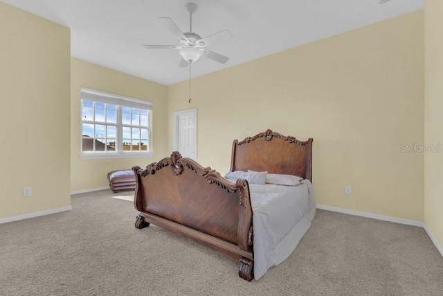 bedroom with light carpet and ceiling fan