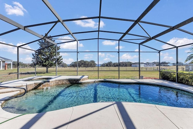 view of swimming pool with an in ground hot tub, a lanai, and a patio