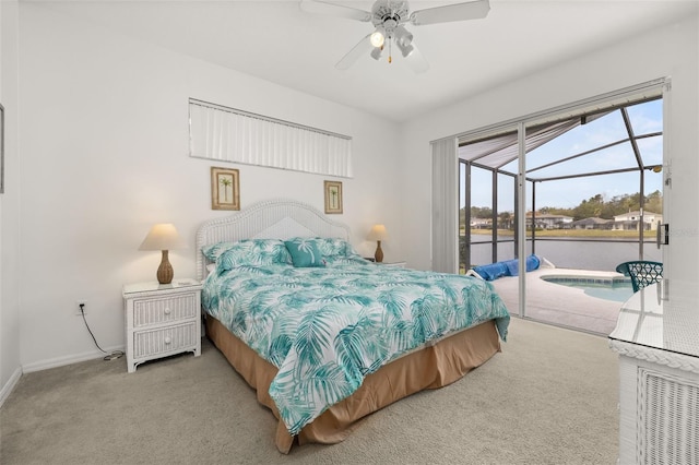 carpeted bedroom with access to exterior and ceiling fan