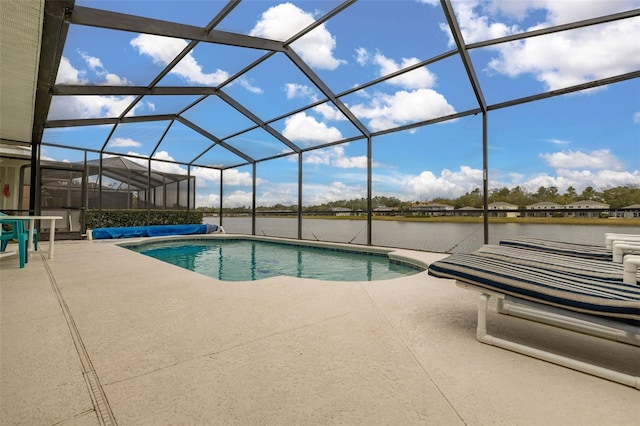 view of pool featuring a lanai, a patio area, and a water view