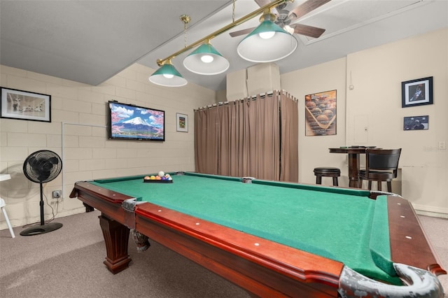 game room with ceiling fan and carpet