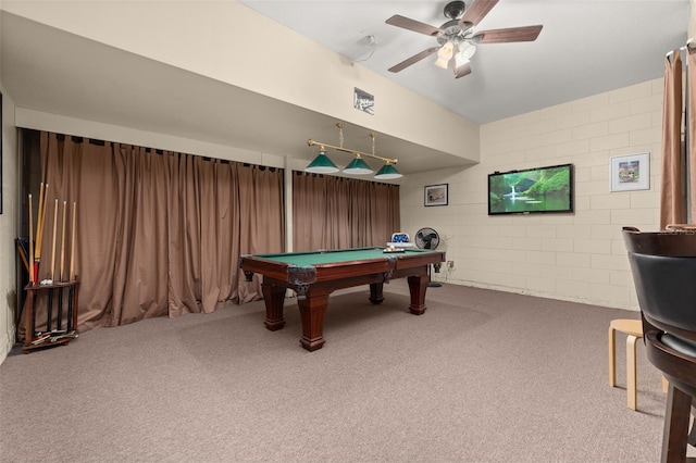 recreation room featuring ceiling fan, light colored carpet, and pool table