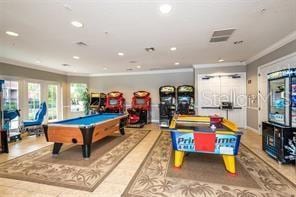 playroom featuring pool table and ornamental molding