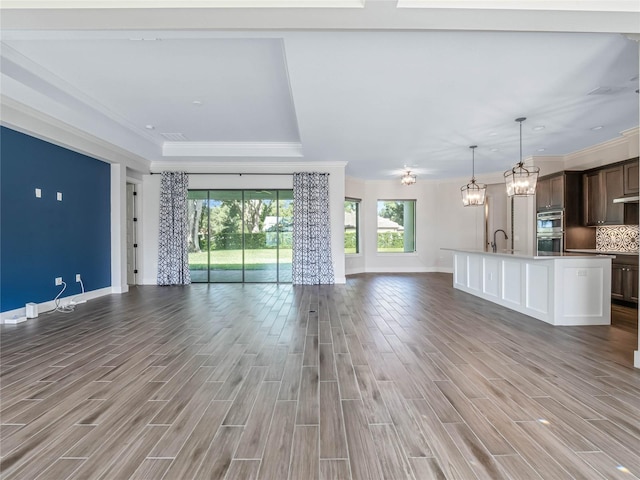 unfurnished living room with ornamental molding, wood-type flooring, sink, and a notable chandelier