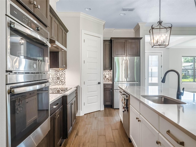 kitchen featuring sink, white cabinetry, dark brown cabinets, stainless steel appliances, and light hardwood / wood-style floors