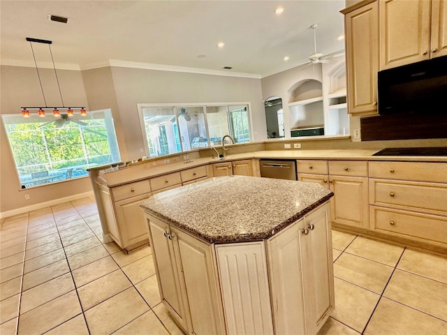 kitchen with a center island, crown molding, black appliances, pendant lighting, and light tile patterned flooring