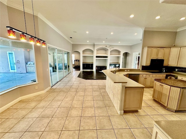 kitchen with arched walkways, light tile patterned floors, light brown cabinets, a sink, and dishwasher