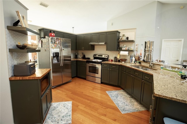 kitchen with appliances with stainless steel finishes, sink, backsplash, light stone counters, and light hardwood / wood-style floors