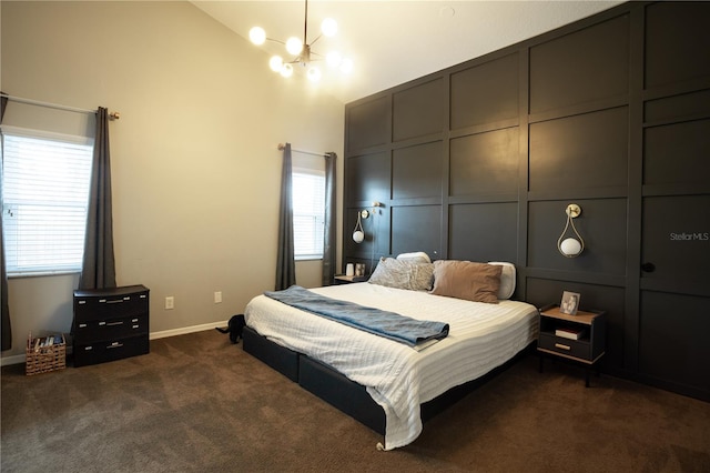 bedroom featuring dark carpet, high vaulted ceiling, and a chandelier