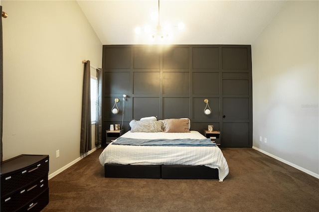 carpeted bedroom featuring lofted ceiling