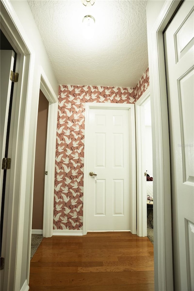 corridor featuring dark wood-type flooring and a textured ceiling