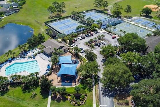 aerial view featuring a water view