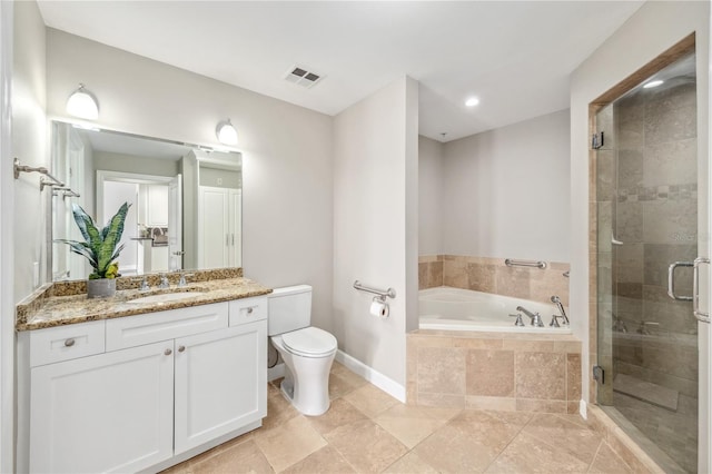 full bathroom with toilet, vanity, visible vents, a bath, and a stall shower