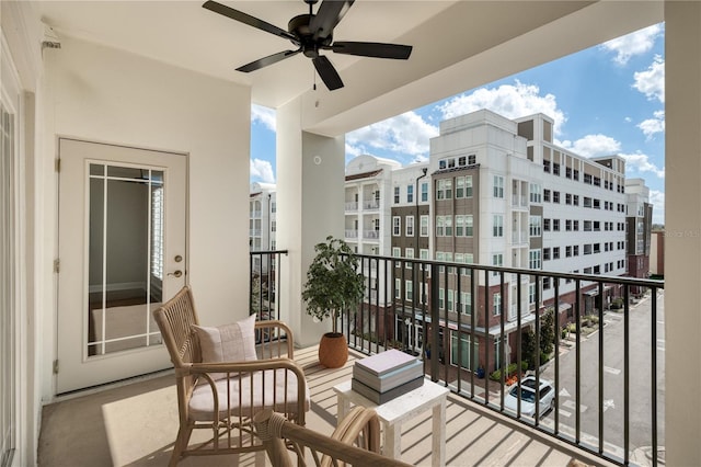 balcony with a ceiling fan