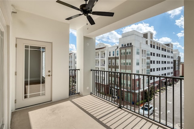 balcony featuring a ceiling fan