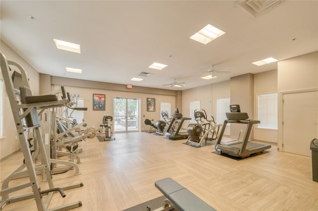 exercise room featuring visible vents and a ceiling fan