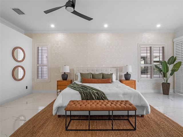 bedroom with ceiling fan and ornamental molding