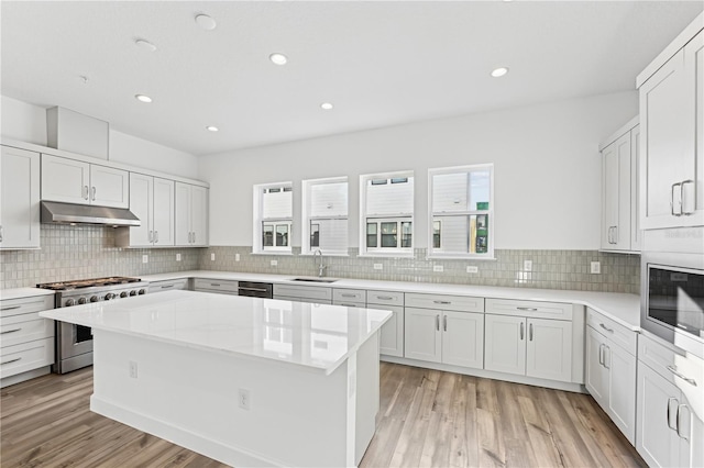 kitchen with sink, white cabinets, a center island, light hardwood / wood-style floors, and stainless steel appliances