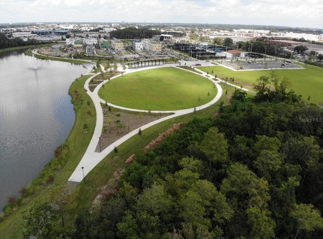 birds eye view of property featuring a water view