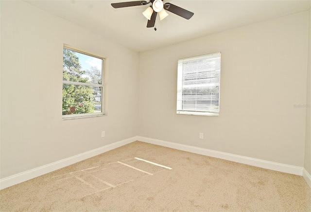 unfurnished room with ceiling fan and carpet