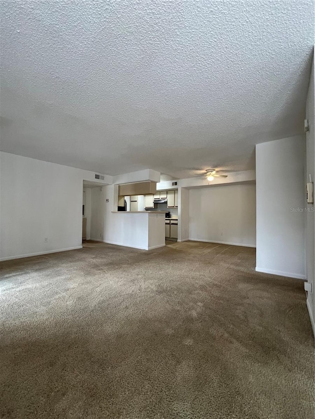 unfurnished living room with a textured ceiling and carpet flooring