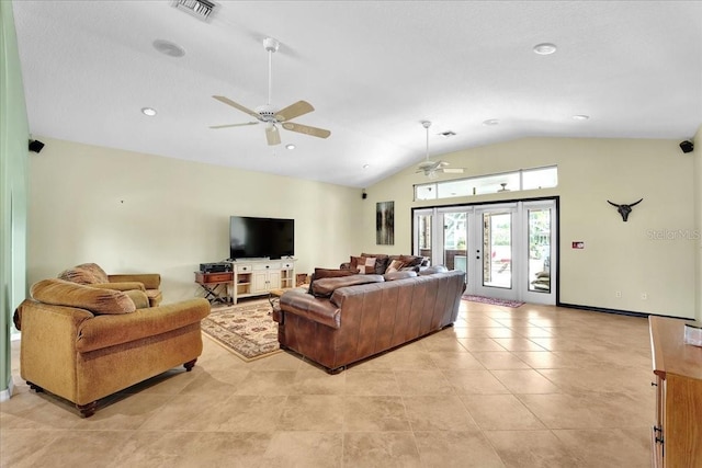 living room with french doors, ceiling fan, lofted ceiling, and light tile patterned floors