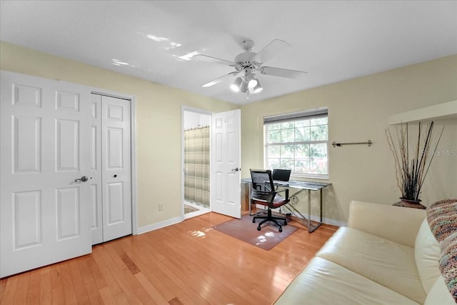 office space with light hardwood / wood-style floors and ceiling fan