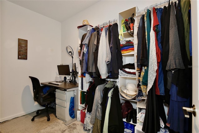 walk in closet with light carpet