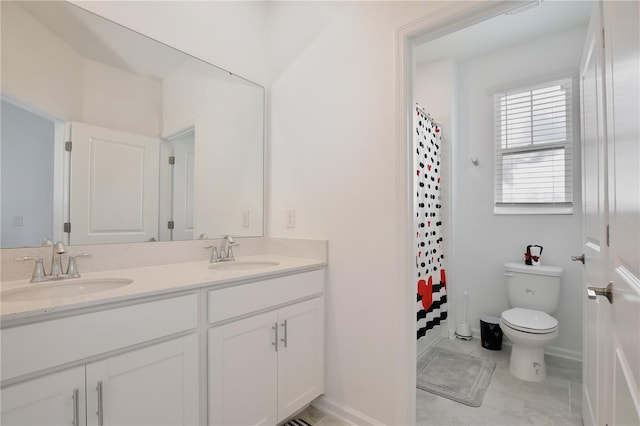 bathroom featuring vanity, toilet, tile patterned flooring, and a shower with shower curtain