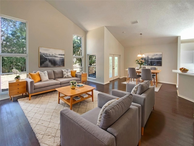 living room with wood-type flooring, high vaulted ceiling, a textured ceiling, and a notable chandelier