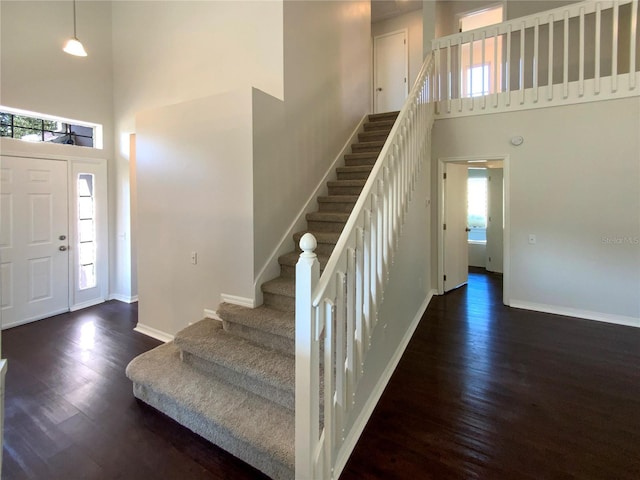 foyer with a high ceiling and dark hardwood / wood-style flooring