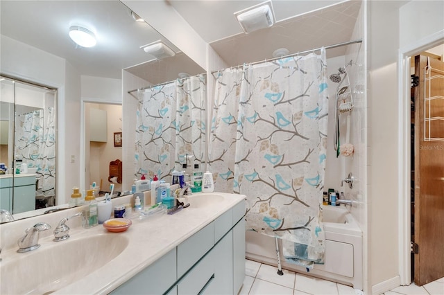 bathroom featuring shower / tub combo, tile patterned flooring, a sink, and visible vents