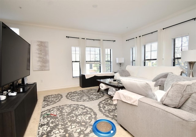 carpeted living room with crown molding