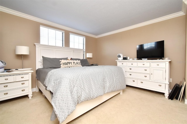 bedroom featuring light colored carpet and ornamental molding