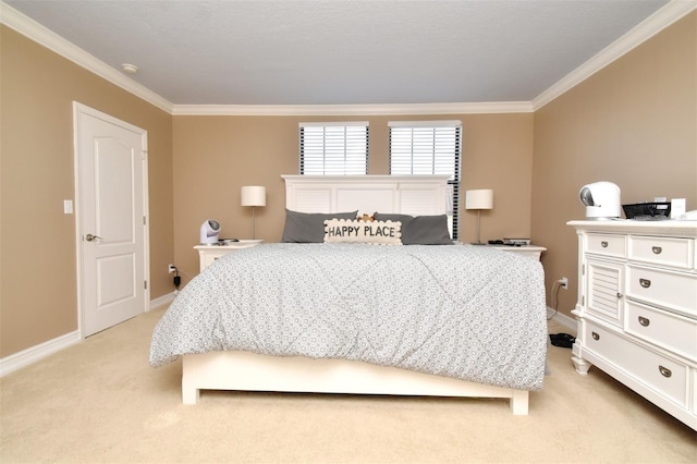 bedroom featuring ornamental molding and light carpet