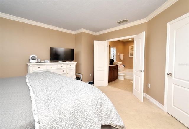 bedroom featuring crown molding and light colored carpet