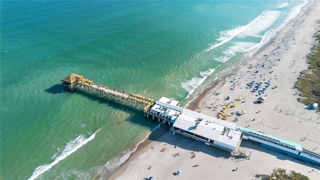 drone / aerial view with a water view and a view of the beach