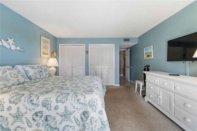 carpeted bedroom with multiple closets