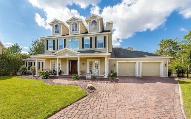 view of front facade featuring a garage, a front yard, and a porch