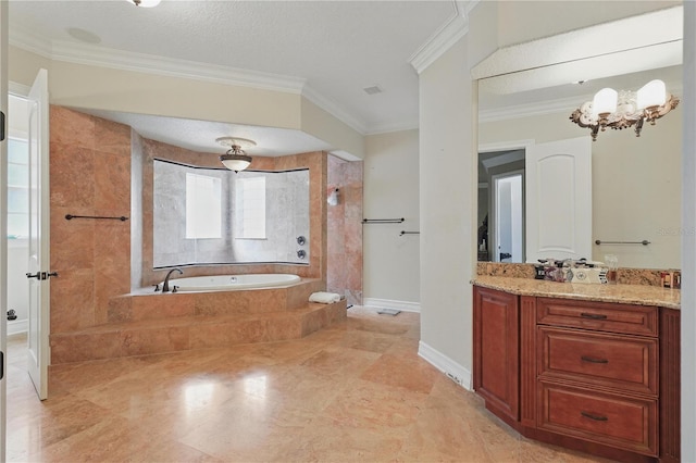 bathroom featuring baseboards, a garden tub, crown molding, vanity, and a walk in shower