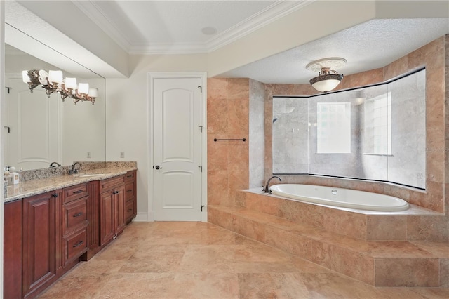 full bath with a garden tub, walk in shower, crown molding, vanity, and a chandelier