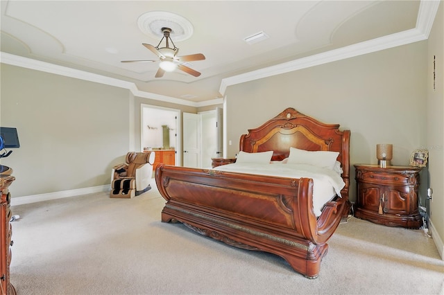 bedroom featuring ornamental molding, light colored carpet, baseboards, and a ceiling fan