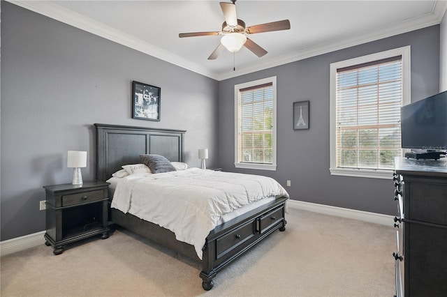 bedroom featuring light colored carpet, crown molding, baseboards, and multiple windows