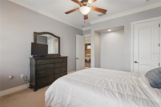 bedroom featuring light colored carpet, a ceiling fan, baseboards, visible vents, and ornamental molding