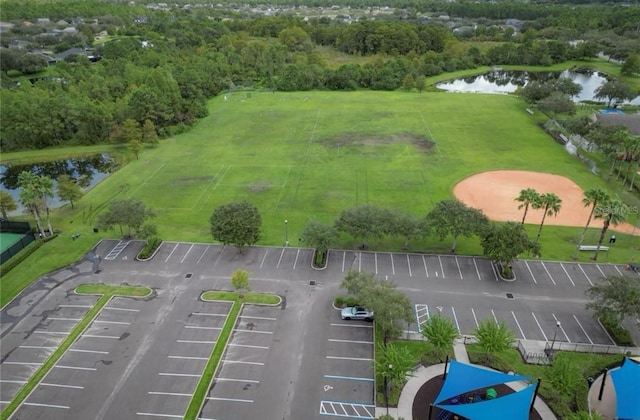 bird's eye view with a water view