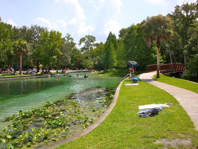 surrounding community with a water view and a lawn