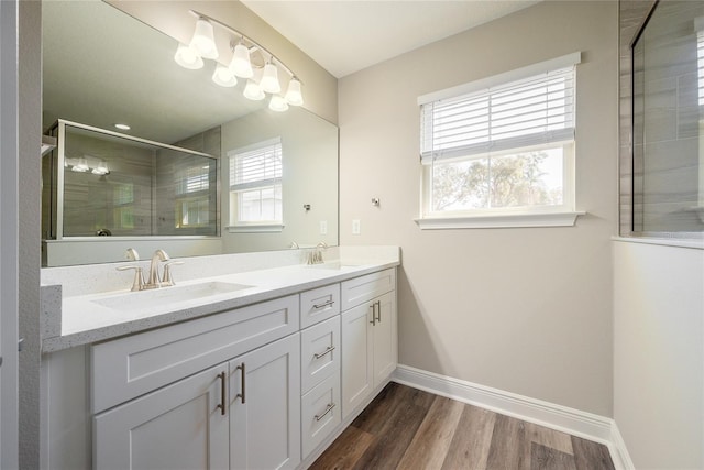 bathroom with plenty of natural light, a shower with door, wood-type flooring, and vanity